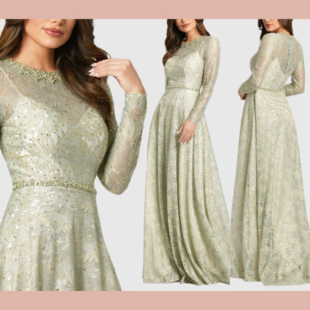 NWD Mac Duggal [ 2 ] 491881 Jeweled Long Sleeve Floral Lace Gown Sage Gold Q1023